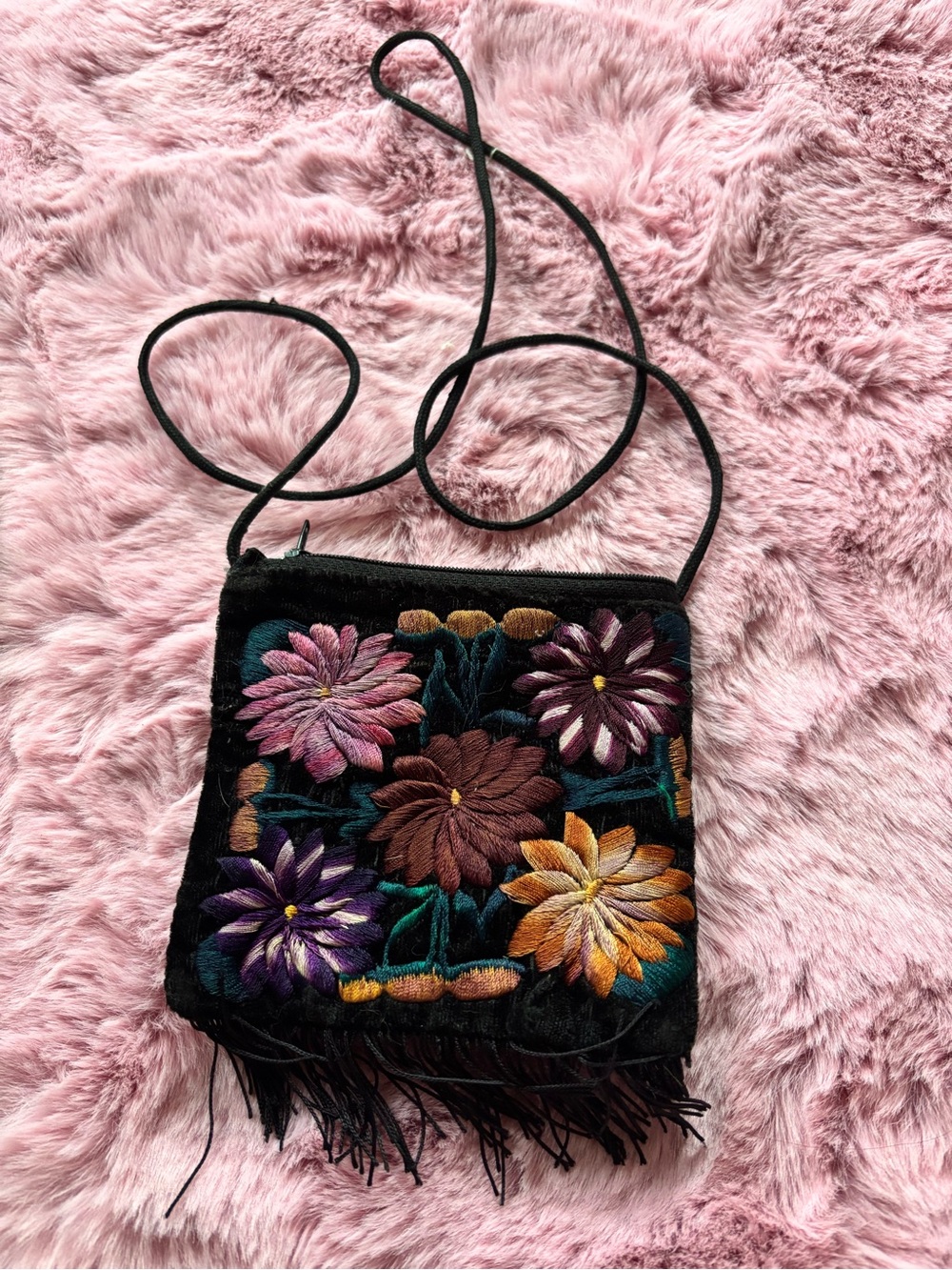 black velvet floral embroidered crossbody purse